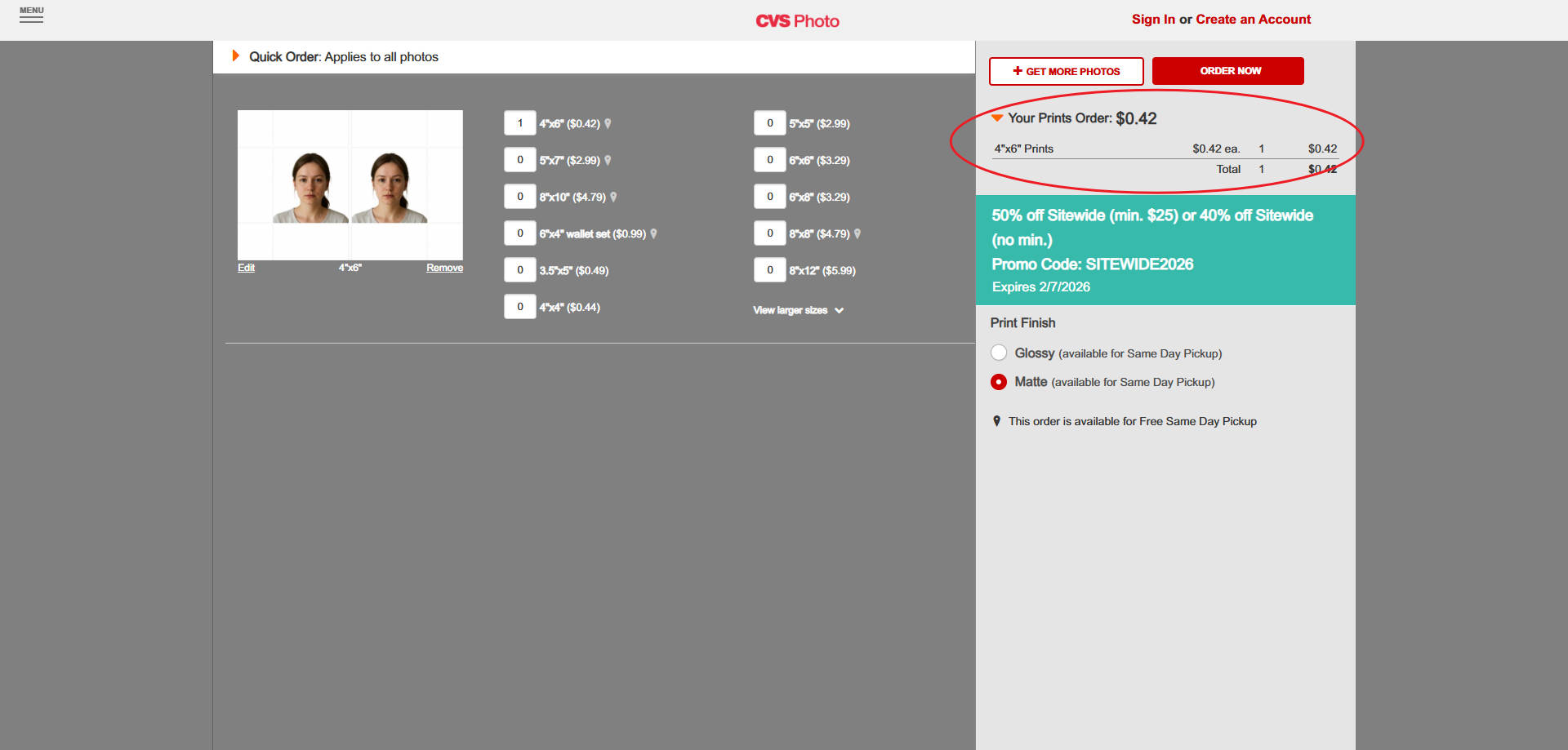 Example cost of CVS 4×6 photo printing, typically under one dollar per print