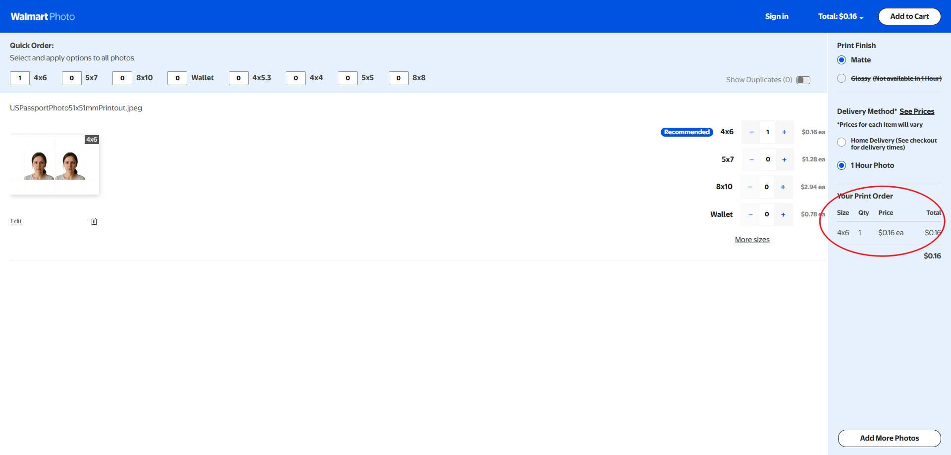 Example cost of Walmart 4×6 photo printing, typically around $0.16 per print