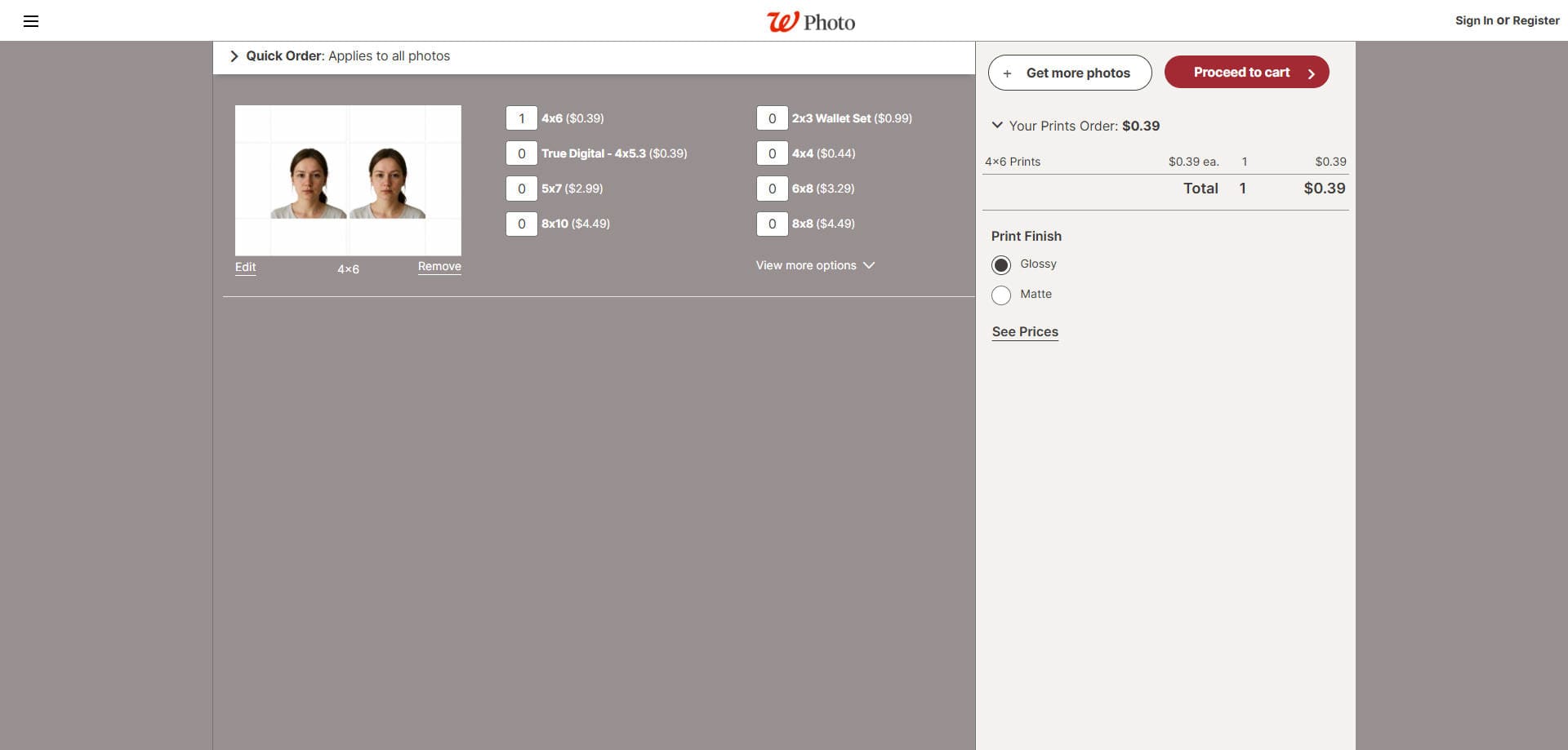 Example cost of Duane Reade 4×6 photo printing, typically around $0.29 per print